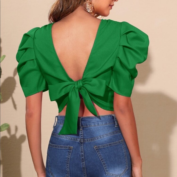 Tops - Open Back Tie Puff Sleeve Ruched Classic Top Blouse GREEN